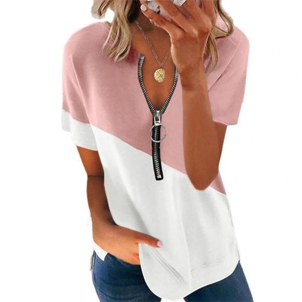 women's t-shirt t shirt women 2021 fashion zipper neck color block short sleeve blouse streetwear for office summer clothes, White
women's t-shirt t shirt women 2021 fashion zipper neck color block short sleeve blouse streetwear for office summer clothes, White