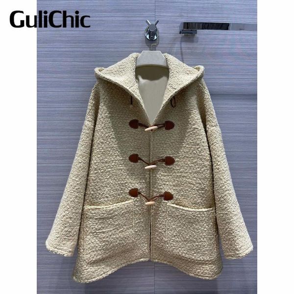 women's wool & blends 7.24 gulichic fashion temperament solid color horn button hooded loose coat, Black
women's wool & blends 7.24 gulichic fashion temperament solid color horn button hooded loose coat, Black