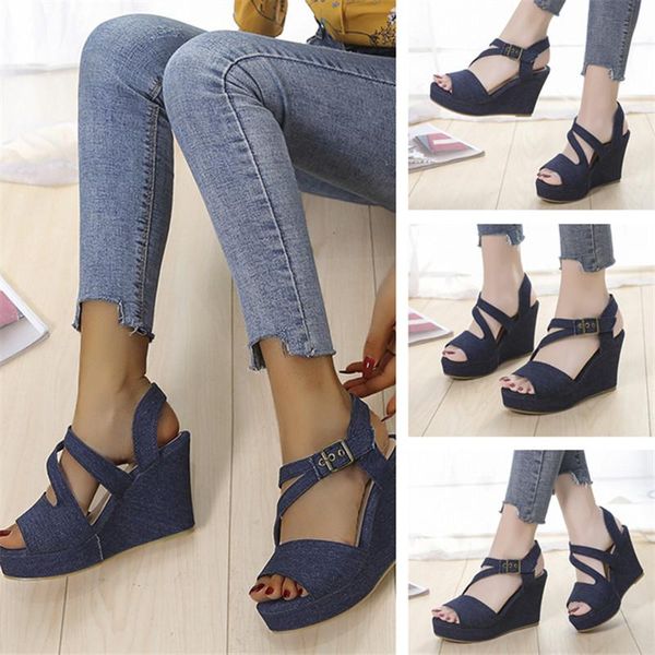 dress shoes summer women's arrival denim vamp wedge sandals fashion high-heel waterplatform trend ladies with buckle design, Black
dress shoes summer women's arrival denim vamp wedge sandals fashion high-heel waterplatform trend ladies with buckle design, Black