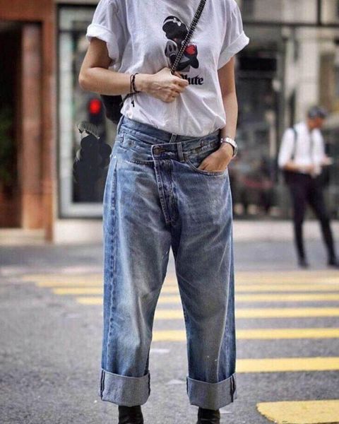 women's jeans asymmetric distressed women high waist loose straight-leg, Blue
women's jeans asymmetric distressed women high waist loose straight-leg, Blue