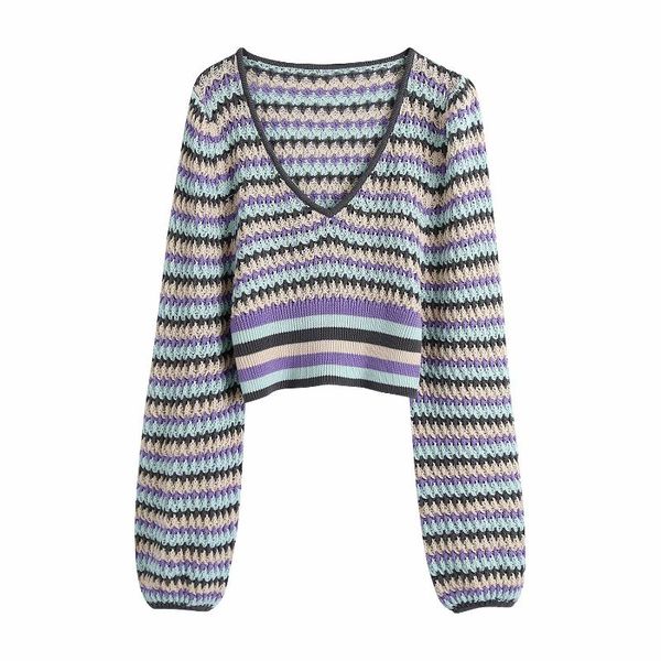 v-neck hollow-waisted lantern-sleeved knitted women's shirt loose stripe color matching chic female t-shirt, White
v-neck hollow-waisted lantern-sleeved knitted women's shirt loose stripe color matching chic female t-shirt, White
