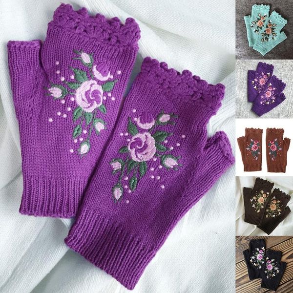 five fingers gloves women winter knitted fingerless floral bee embroidery thumbhole mittens, Blue;gray
five fingers gloves women winter knitted fingerless floral bee embroidery thumbhole mittens, Blue;gray