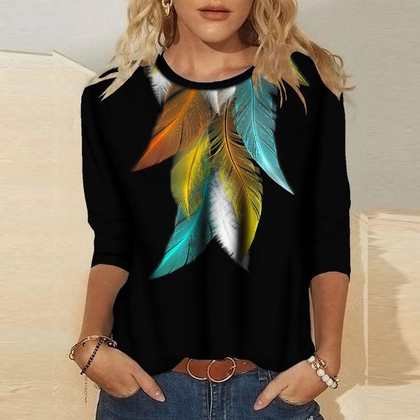 women's blouses & shirts women and feather printed round neck long sleeve elegant oversize loose retro for blusas 40#, White