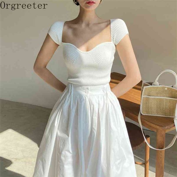 fashion short sleeve knitted suits female summer elegant lady strapless blouse + elastic waist skirt 2 piece sets 210602, Black;white
fashion short sleeve knitted suits female summer elegant lady strapless blouse + elastic waist skirt 2 piece sets 210602, Black;white