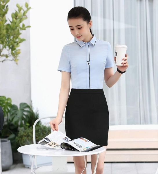 women's blouses & shirts summer two piece women business suits with skirt and sets light blue short sleeve ol styles, White
women's blouses & shirts summer two piece women business suits with skirt and sets light blue short sleeve ol styles, White