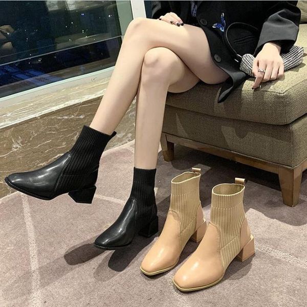boots ankle women shoes fashion high-heeled stretch socks 2021 autumn breathable, Black