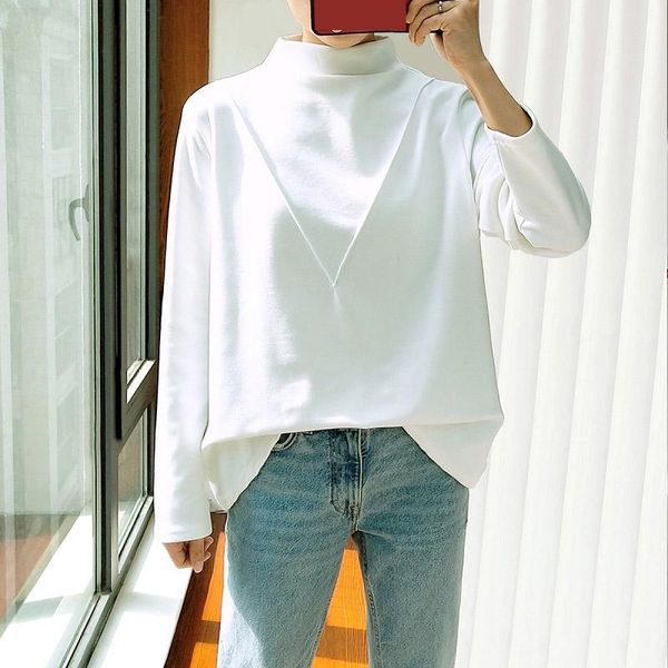 women's t-shirt spring women clothes oversized tees 2021 casual plus size long sleeve mock neck v fold solid color camiseta mujer, White
women's t-shirt spring women clothes oversized tees 2021 casual plus size long sleeve mock neck v fold solid color camiseta mujer, White