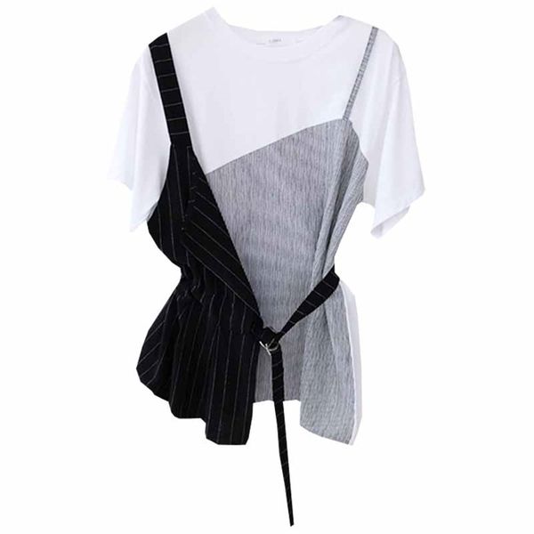 summer women's fake two-piece short-sleeved t-shirt stitching striped waist slimming casual tees gd389 210506, White
summer women's fake two-piece short-sleeved t-shirt stitching striped waist slimming casual tees gd389 210506, White