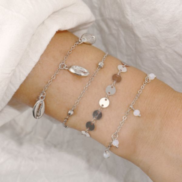 style rice bead pendant bracelet creative simple round piece metal shell chain set 4 pieces, Silver
style rice bead pendant bracelet creative simple round piece metal shell chain set 4 pieces, Silver