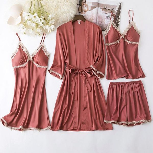 spring 4pcs lace bathrobe gown sets womens sleepwear sleep suit satin nighty robe with chest pads nightgown kimono home wear women's, Black;red
spring 4pcs lace bathrobe gown sets womens sleepwear sleep suit satin nighty robe with chest pads nightgown kimono home wear women's, Black;red