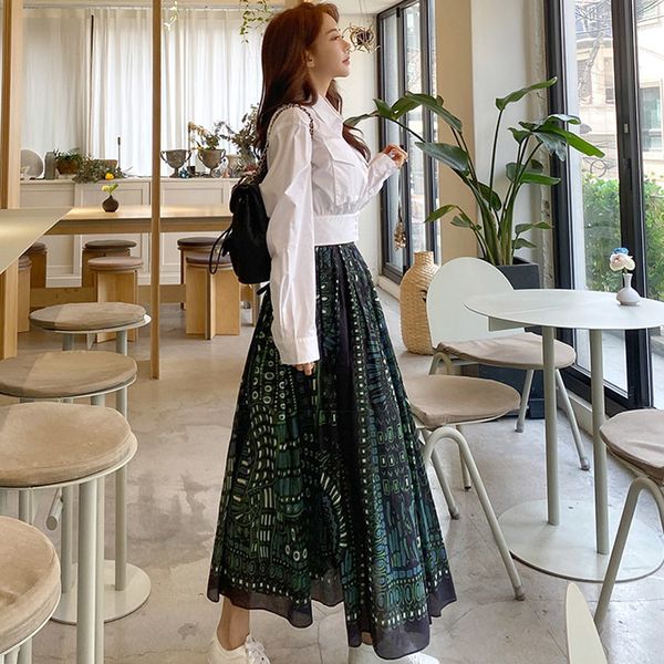 two piece dress runway summer women 2 set vintage long sleeve short shirt blouse + high waist printing midi skirt t599, White
two piece dress runway summer women 2 set vintage long sleeve short shirt blouse + high waist printing midi skirt t599, White