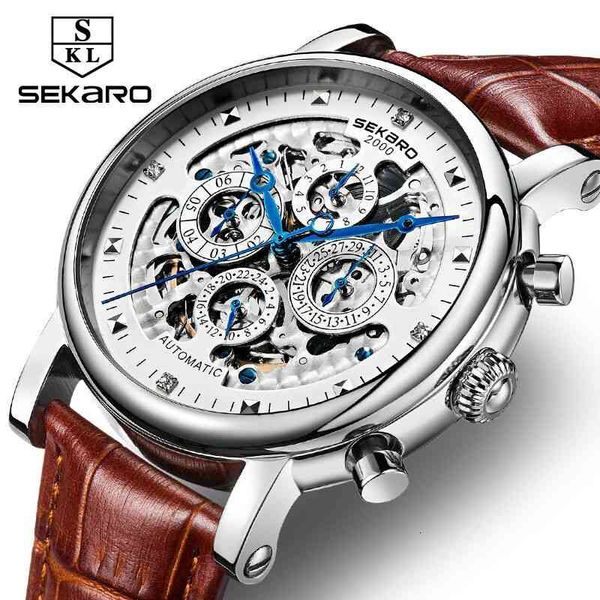 men watches fashion gold mechanical luxury brand multi function automatic even wind calendar leather band, Slivery;brown
men watches fashion gold mechanical luxury brand multi function automatic even wind calendar leather band, Slivery;brown