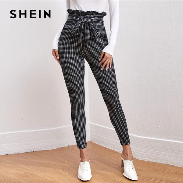 

tie front paperbag waist plaid skinny belted pants women cropped bottoms spring high office ladies casual trousers women's & capris, Black;white