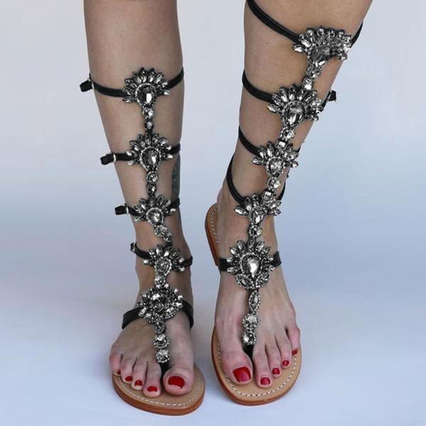 women flat sandals 2021 summer open toe flip flops knee high ladies beach shoes bohemian rhinestones #g3, Black