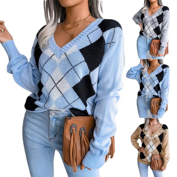 women's sweaters hirigin fashion v neck knitted elegant long sleeve argyle print loose jumper for ladies, White;black
women's sweaters hirigin fashion v neck knitted elegant long sleeve argyle print loose jumper for ladies, White;black