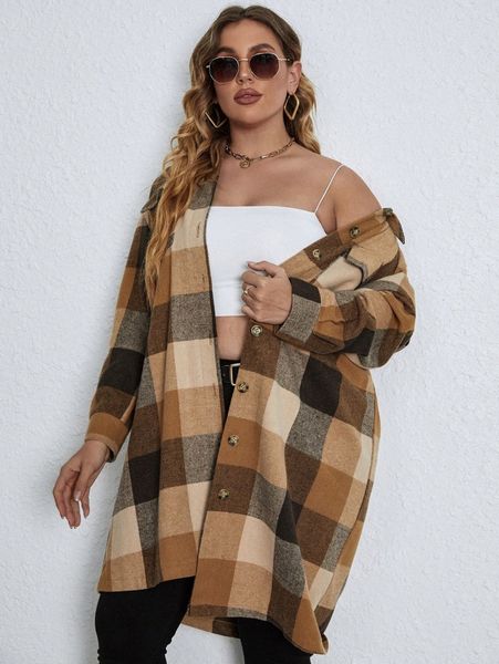 plus plaid print drop shoulder overcoat w7mu#, Black
plus plaid print drop shoulder overcoat w7mu#, Black