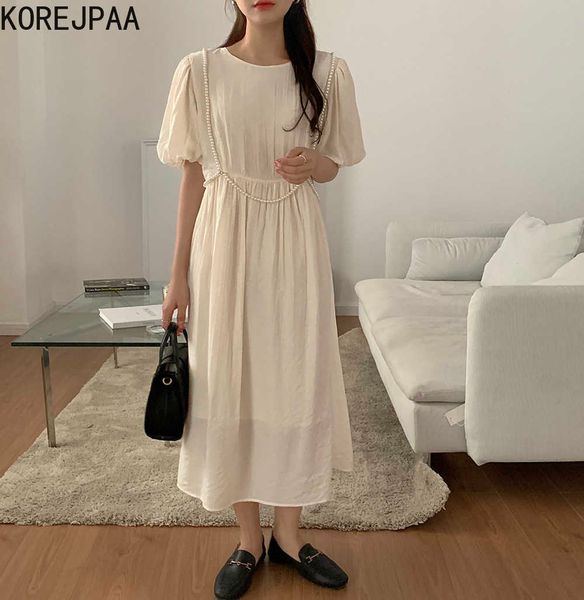 korejpaa women dress summer korean chic girls french round neck pleated design pearl chain decoration puff sleeve vestidos 210526, Black;gray
korejpaa women dress summer korean chic girls french round neck pleated design pearl chain decoration puff sleeve vestidos 210526, Black;gray