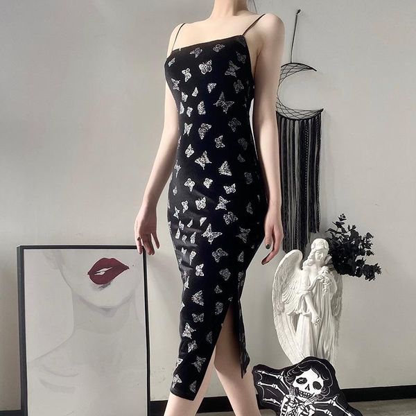 women butterfly print spaghetti straps bodycon dress split cheongsam hem style backless chic gothic pencil midi casual dresses, Black;gray
women butterfly print spaghetti straps bodycon dress split cheongsam hem style backless chic gothic pencil midi casual dresses, Black;gray