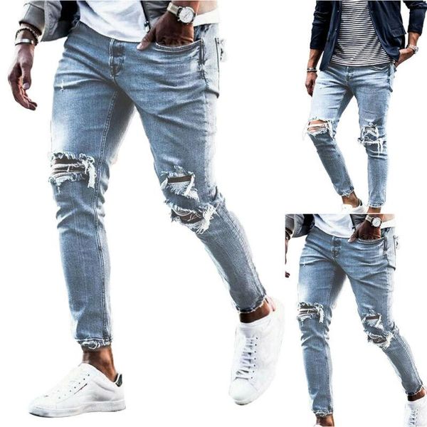 men's jeans mens ripped frayed skinny pants slim fit distressed denim casual trousers, Blue
men's jeans mens ripped frayed skinny pants slim fit distressed denim casual trousers, Blue