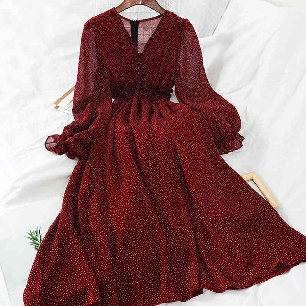 autumn v neck polka dot slim chiffon dress button puff sleeve high waist elegant women mid-calf dress, Black;gray
autumn v neck polka dot slim chiffon dress button puff sleeve high waist elegant women mid-calf dress, Black;gray