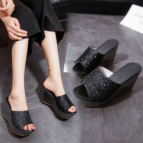 womens shoes summer new trend sequined platform wedge slippers1, Black