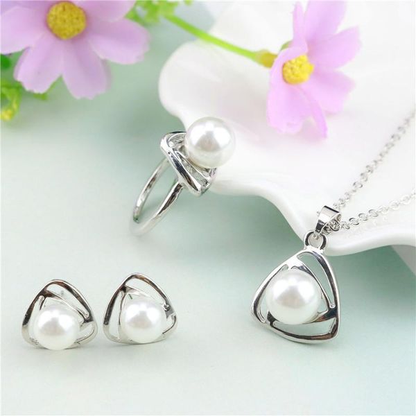 earrings & necklace fashion hollow triangle pearl set earring ring three-piece temperament bailiu female, Silver
earrings & necklace fashion hollow triangle pearl set earring ring three-piece temperament bailiu female, Silver