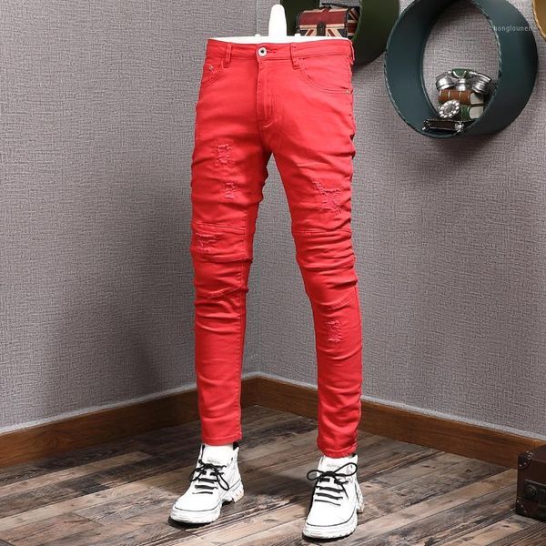 men's jeans american street style fashion men elastic slim fit ripped korean spliced designer hip hop denim pencil pants, Blue
men's jeans american street style fashion men elastic slim fit ripped korean spliced designer hip hop denim pencil pants, Blue