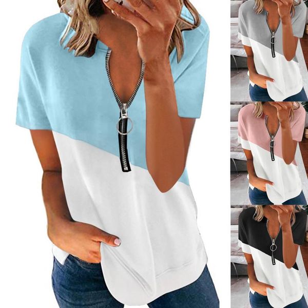 women's t-shirt patchwork short sleeve zipper v-neck casual summer ladies loose tee shirt streetwear, White
women's t-shirt patchwork short sleeve zipper v-neck casual summer ladies loose tee shirt streetwear, White