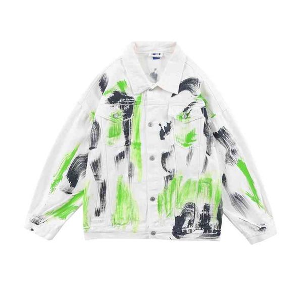 high street fashion brand hand-painted graffiti denim jacket men's hip-hop trend loose lapel, Black 
high street fashion brand hand-painted graffiti denim jacket men's hip-hop trend loose lapel, Black