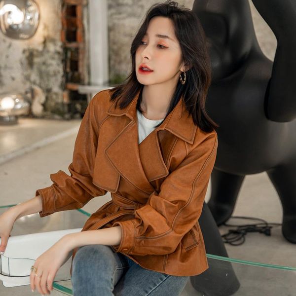 women's leather & faux 2021 autumn/winter high-quality sheepskin jacket short lapel korean lace-up windbreaker coat, Black
women's leather & faux 2021 autumn/winter high-quality sheepskin jacket short lapel korean lace-up windbreaker coat, Black
