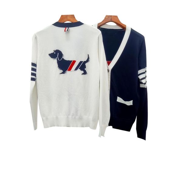 spring and summer new stripe tb style four bar cartoon dog picture thin long sleeve knitted cardigan, White
spring and summer new stripe tb style four bar cartoon dog picture thin long sleeve knitted cardigan, White