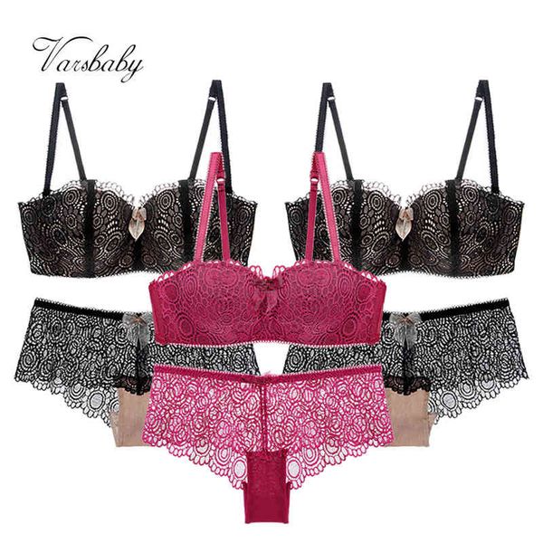 varsbaby3 sets/lot women' 1/2 cup lace lingerie set wire push up underwear, Red;black