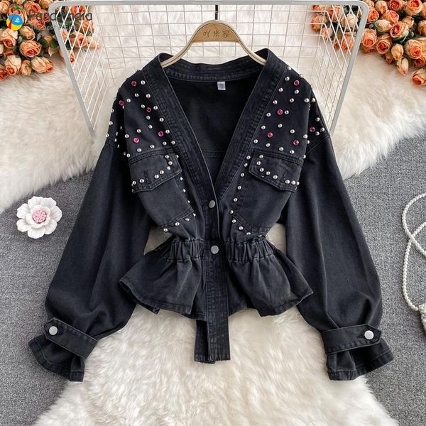 women's jackets seenimore 2022 spring v-neck studded denim short black casual women loose washed vintage long sleeve coats female, Black;brown
women's jackets seenimore 2022 spring v-neck studded denim short black casual women loose washed vintage long sleeve coats female, Black;brown