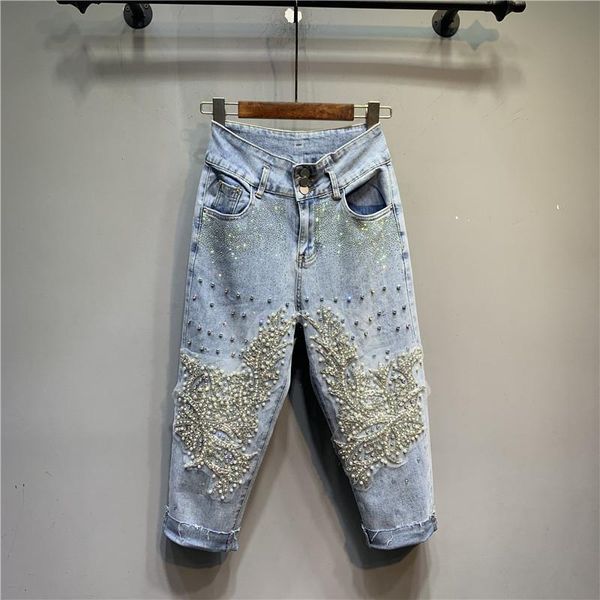 women's jeans original european goods color rhinestone beaded high waist stretch cropped fashionable fashion straight pants, Blue
women's jeans original european goods color rhinestone beaded high waist stretch cropped fashionable fashion straight pants, Blue