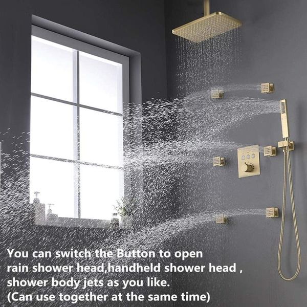 8 inch rectangular rainfall shower head,6 pcs body jets mixer set,brass brushed gold finish, all functions can use together bathroom sets
8 inch rectangular rainfall shower head,6 pcs body jets mixer set,brass brushed gold finish, all functions can use together bathroom sets
