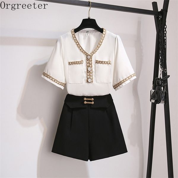 summer elegant lady 2 piece set women's v-neck short sleeve braided trim chiffon shirt casual slim wide leg shorts suit 210602, White
summer elegant lady 2 piece set women's v-neck short sleeve braided trim chiffon shirt casual slim wide leg shorts suit 210602, White