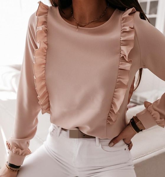 women's blouses & shirts fashion elegant women spring autumn for office back button design ruffles decor o-neck long sleeve solid slim, White
women's blouses & shirts fashion elegant women spring autumn for office back button design ruffles decor o-neck long sleeve solid slim, White