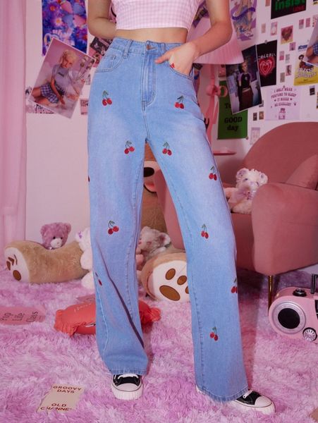 romwe cherry embroidery jeans g495#, Blue