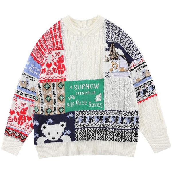 men's sweaters lacible mens streetwear pullover plaid color block patchwork bear knitted sweater casual loose harajuku christmas, White;black
men's sweaters lacible mens streetwear pullover plaid color block patchwork bear knitted sweater casual loose harajuku christmas, White;black