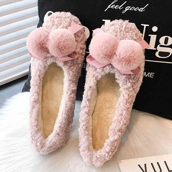 

cute bow-knot women fur keep warm cotton sho flat winter indoor slip-on loafers solid color home casual ladi, Black