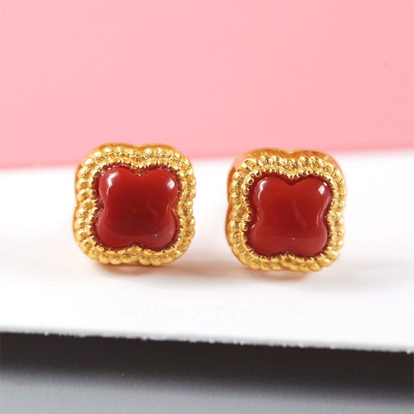925 silver inlaid south agate earrings red clover charm, Golden