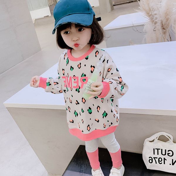 girls suit leopard print letters color-blocking sweater +trousers 2022 autumn new childrens clothing sets, White 
girls suit leopard print letters color-blocking sweater +trousers 2022 autumn new childrens clothing sets, White