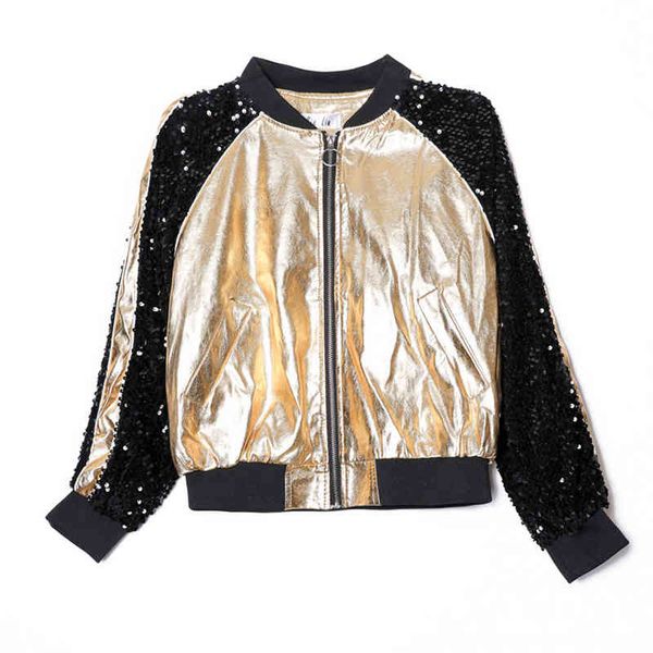 women black gold silver long sleeve patchwork sequined bomber jacket zipper casual baseball uniform c0441 210514, Black;brown
women black gold silver long sleeve patchwork sequined bomber jacket zipper casual baseball uniform c0441 210514, Black;brown