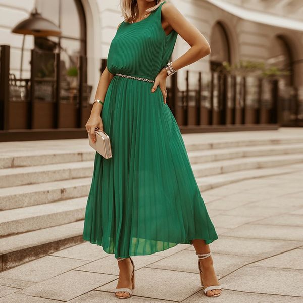 v neck summer long pleated dress women chiffon sleeveless maxi office robe 2021 new female elegant green a line party dressess, Black;gray
v neck summer long pleated dress women chiffon sleeveless maxi office robe 2021 new female elegant green a line party dressess, Black;gray