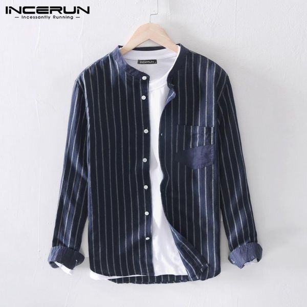 fashion men striped shirt stand collar long sleeve spring button camisas streetwear pockets casual brand shirts incerun men's, White;black