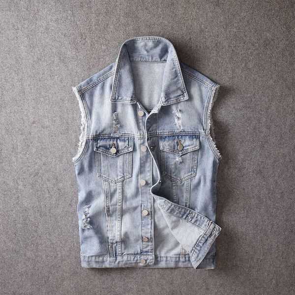 men's vests ly designer fashion retro light blue destroyed casual ripped denim streetwear sleeveless cotton punk jacket p811, Black;white
men's vests ly designer fashion retro light blue destroyed casual ripped denim streetwear sleeveless cotton punk jacket p811, Black;white
