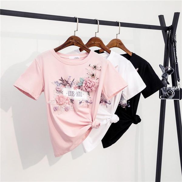 women's t-shirt women summer o-neck short sleeve bird letter print beading 3d flower embroidery cotton tshirt, White
women's t-shirt women summer o-neck short sleeve bird letter print beading 3d flower embroidery cotton tshirt, White
