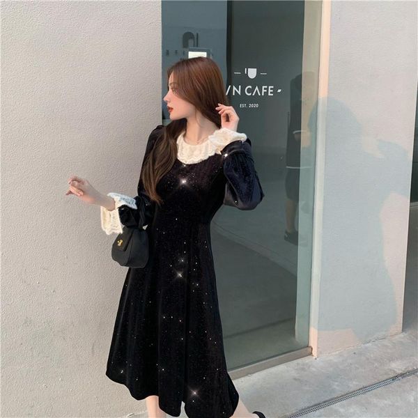 casual dresses coigarsam french style full sleeve women dress vintage black velvet 6695, Black;gray
casual dresses coigarsam french style full sleeve women dress vintage black velvet 6695, Black;gray