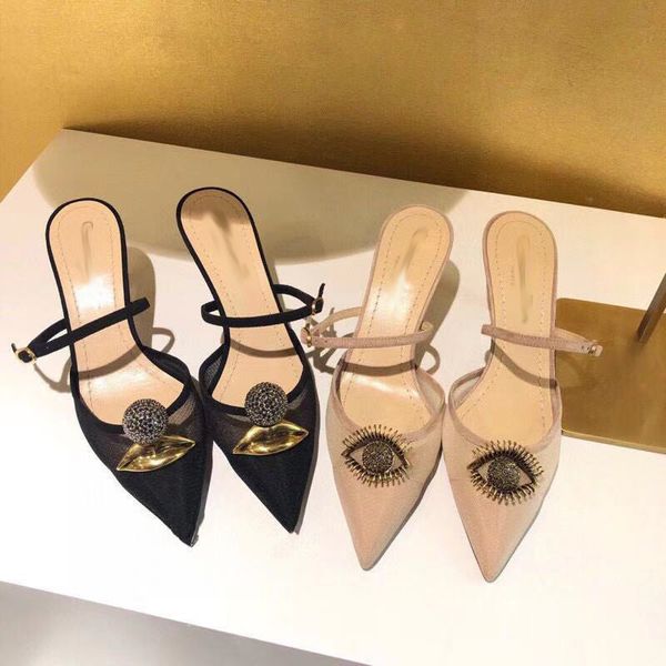 d family high version y muller baotou half slipper women's heel thin pointed sandal mesh eye cat pwqs zmm, Black
d family high version y muller baotou half slipper women's heel thin pointed sandal mesh eye cat pwqs zmm, Black