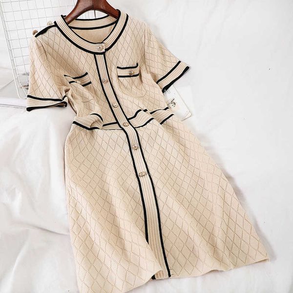 fashion simple dress round neck color matching waist slimming knit short-sleeved summer 210709, Black;gray
fashion simple dress round neck color matching waist slimming knit short-sleeved summer 210709, Black;gray